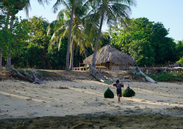 Sometimes the walk from shore to the farmers house or dedicated drying platform is long. The heavy wet seaweed is carried by strong female farmers in Oefoe on Rote Island, Indonesia.