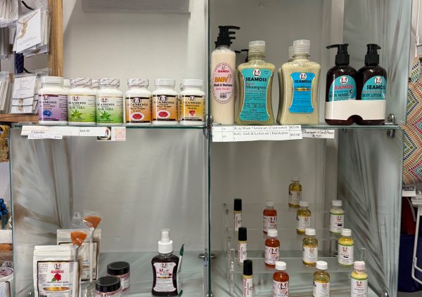 St Vincente: Sea moss cosmetic and wellness products displayed for sale in a local store.