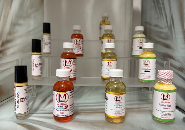 St Vincente: Sea moss oils and serums showcased on store shelves for direct purchase locally.