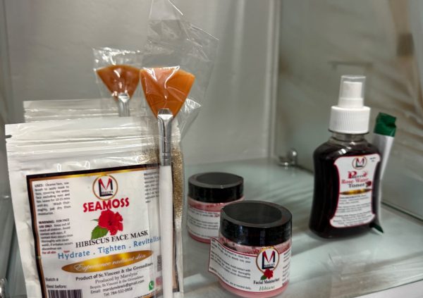 St Vincente: Sea moss-based skincare products presented for sale in a local shop.