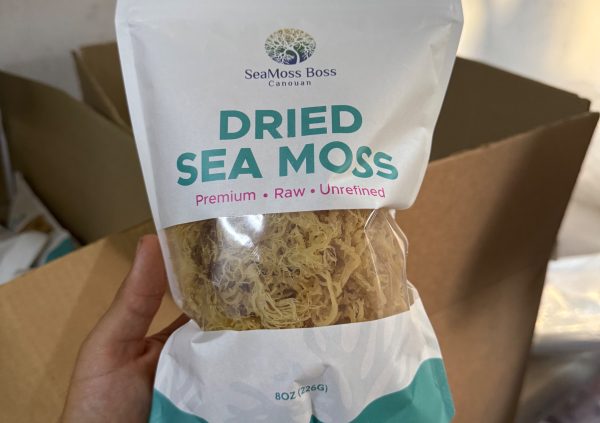 St Vincente: Dried sea moss packaged and labeled for export.