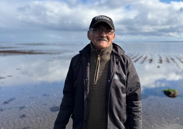 Elder cultivator on his long-held concession - still actively working the low tide.